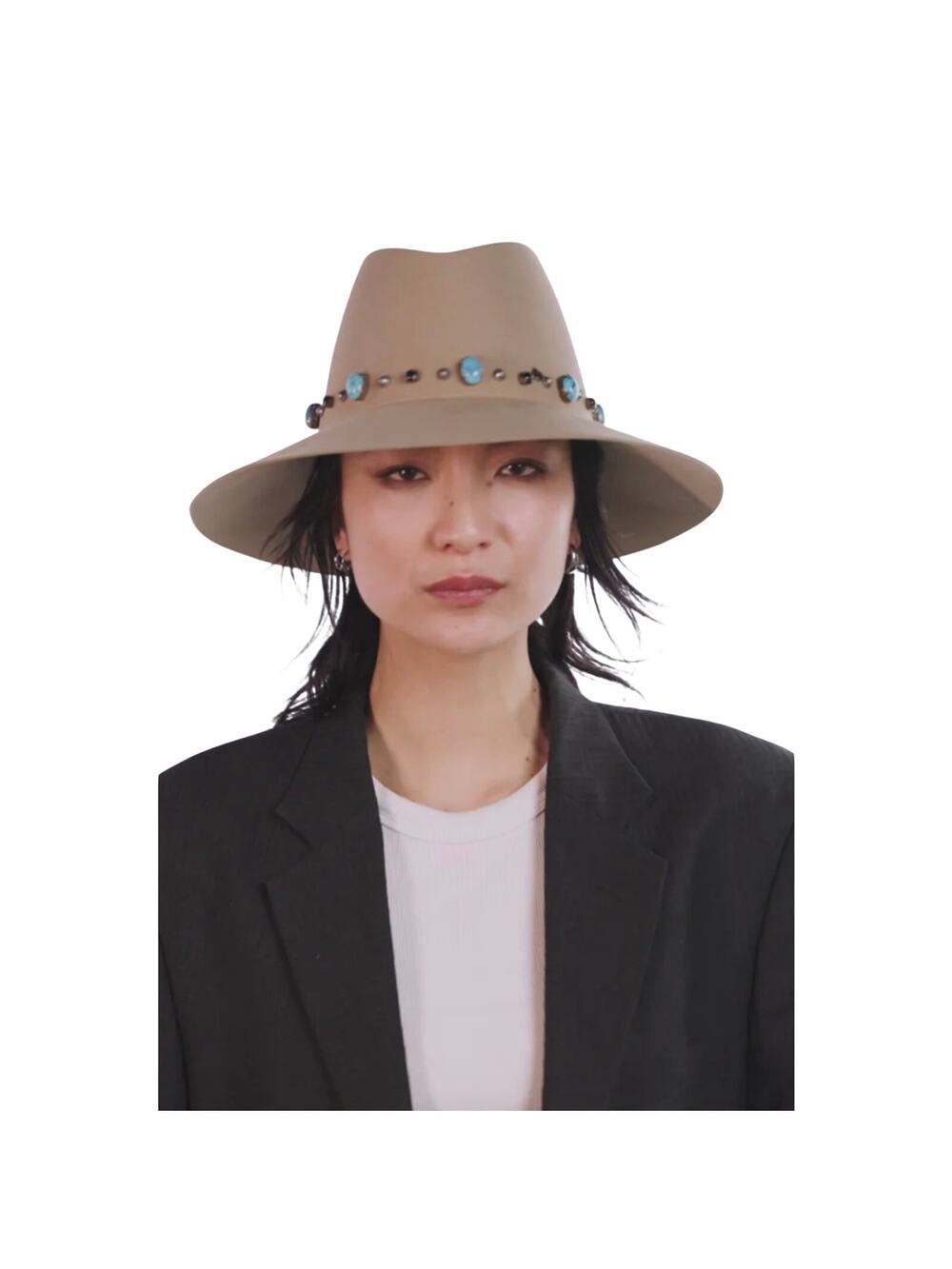 Maison Michel Kate Hat Stone and Studs On Wool Felt Hat in Beige Onyx L